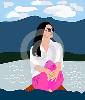 Pretty young girl on the beach with boat illustration portrait drawing vector artwork