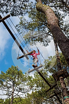 pretty young girl doing tree climbing in a forest park in southwest France