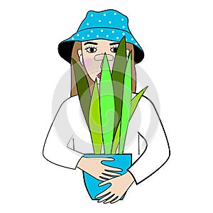 Pretty young girl holding plant in pot. Vector illustration.