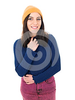 Pretty young girl looks to camera, isolated on white background. Portrait of happy young beautiful woman. Front view of smiling