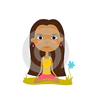 Pretty young girl practices yoga in the lotus position. Meditation and relaxation poster. Vector illustration