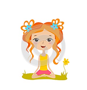 Pretty young girl practices yoga in the lotus position. Meditation and relaxation poster. Vector illustration