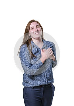Pretty young happy business woman stomach pain over white background