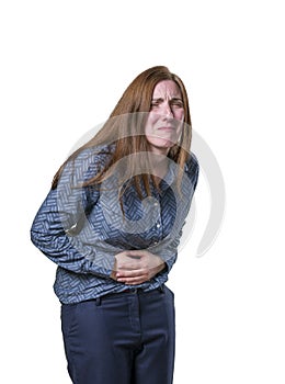 Pretty young happy business woman stomach pain over white background