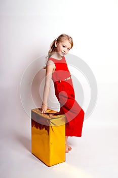 Pretty young kid girl  in red dress with gift box