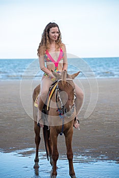 Pretty young lady riding a horse on the beach background of the sea