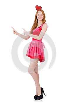 Pretty young model in mini pink dress isolated on