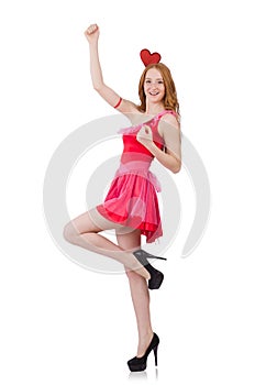 Pretty young model in mini pink dress isolated on