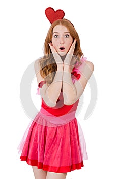 The pretty young model in mini pink dress isolated