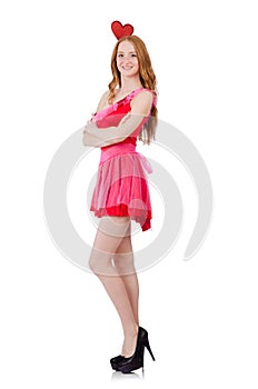 Pretty young model in mini pink dress isolated on