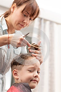 pretty young mother in a light blue dress with a comb and scissors in her hands cuts her son`s hair at home. selective focus