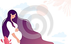 Pretty young pregnant woman. Pregnancy and motherhood. Mom on the background of nature, simple landscape with copy space