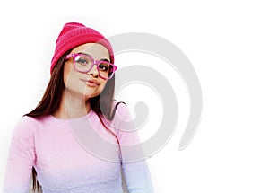 Pretty young teenage girl hipster in pink glasses and hat emotional posing happy smiling, lifestyle people concept