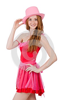 Pretty young wizard in mini pink dress isolated on