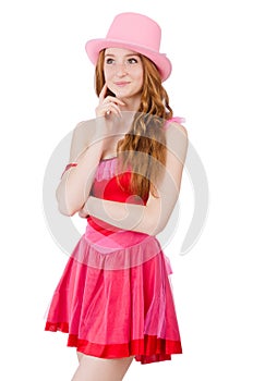 Pretty young wizard in mini pink dress isolated on