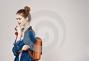 pretty young woman backpack school student modern style