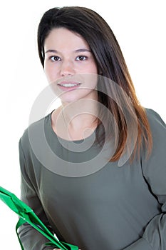 Pretty young woman casual in green sweater beauty in white background