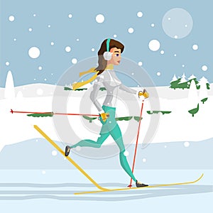 Pretty young woman on cross country skiing running in the woods