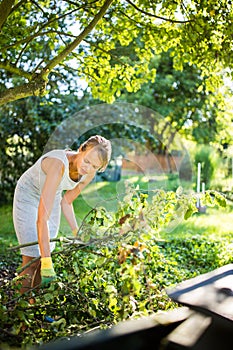 Pretty, young woman gardening in her garden