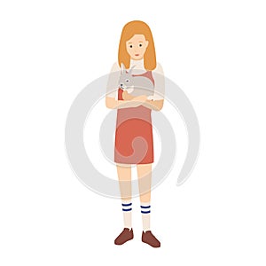 Pretty young woman or girl holding her bunny, rabbit or leveret. Adorable female cartoon character with domestic animal
