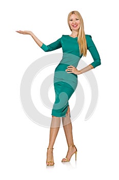 Pretty young woman in green dress isolated on