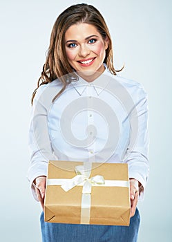 Pretty young woman hold paper gift box. White background isolat
