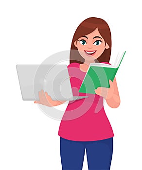 Pretty young woman holding laptop computer and reading book. Trendy girl using digital device. Female character design.
