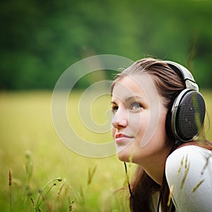 Pretty young woman listening to music