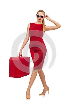 Pretty young woman in red dress isolated on white