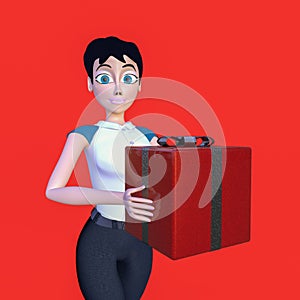 Pretty young woman with a red gift box 3d rendering