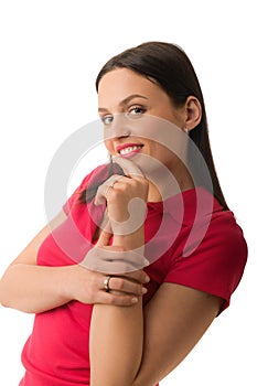 Pretty young woman in red or pink shirt isolated on white background