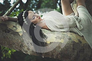 Pretty young woman in romantic dress lie on tree in park