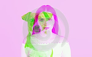 Pretty young woman and silhouette of dog isolated over pink background with glitch effect. Concept of beauty, fashion