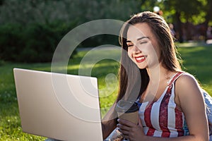 Pretty young woman sitting on bean bag use laptop while resting on grass in park on the sun