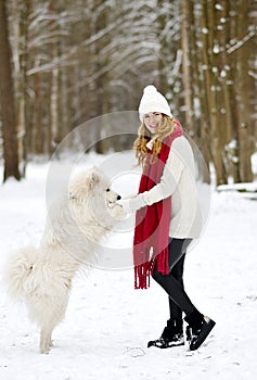 Pretty Young Woman in Winter Forest Walking with her Dog White Samoyed