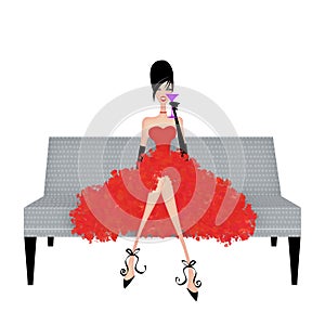 Pretty Young Woman on Sofa in a Frilly Party Dress Isolated on W