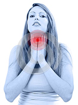 Pretty young woman sore throat isolated on white background