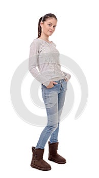 Pretty young woman standing on white background