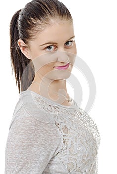 Pretty young woman standing on white background