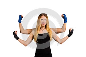 Pretty young woman with strong arms, multi handed