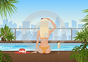 Pretty young woman in the swimming pool with beautiful palm park city view. Beautiful girl enjoying in the pool.