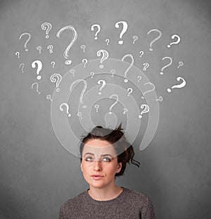 Young woman with question marks above her head