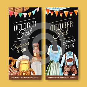 Pretzel, beer and trachten outfit flyer for Oktoberfest design watercolor illustration
