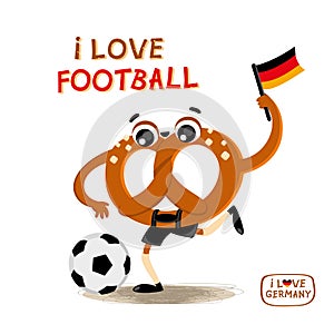 Pretzel brezel with a soccer ball and the flag of Germany