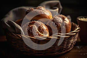 Pretzel (Brezen) sticks and pretzel rolls, Bavarian lye bun with salt in a basket, food Oktoberfest holiday, food art