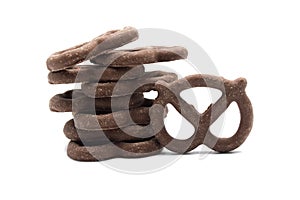 Pretzel with Chocolated biscuit flavored and coated chocolated cream on white background photo
