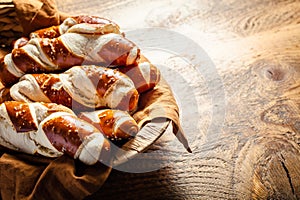 Pretzel sticks and pretzel rolls, Bavarian lye bun with salt in a basket