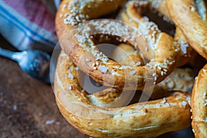 Pretzel traditional beer snack with salt, oktoberfest symbol close up