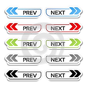 Prev, next buttons with arrows - labels, stickers on the white background