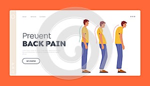 Prevent Back Pain Landing Page Template. Scoliosis and Spine Backbone Curvature Concept. Man Correct and Wrong Posture